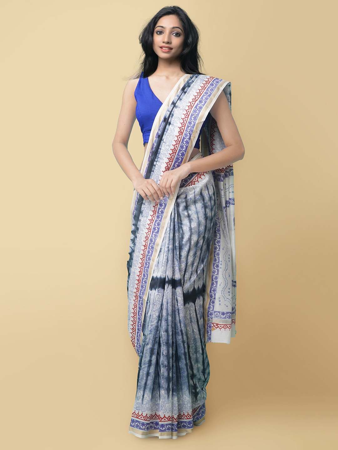 

Unnati Silks Cream-Coloured & Purple Woven Design Silk Cotton Chanderi Saree