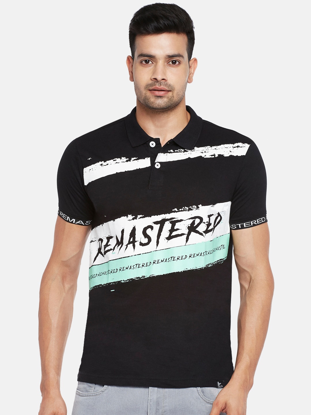 

People Men Black Off White Typography Printed Polo Collar Pure Cotton T-shirt