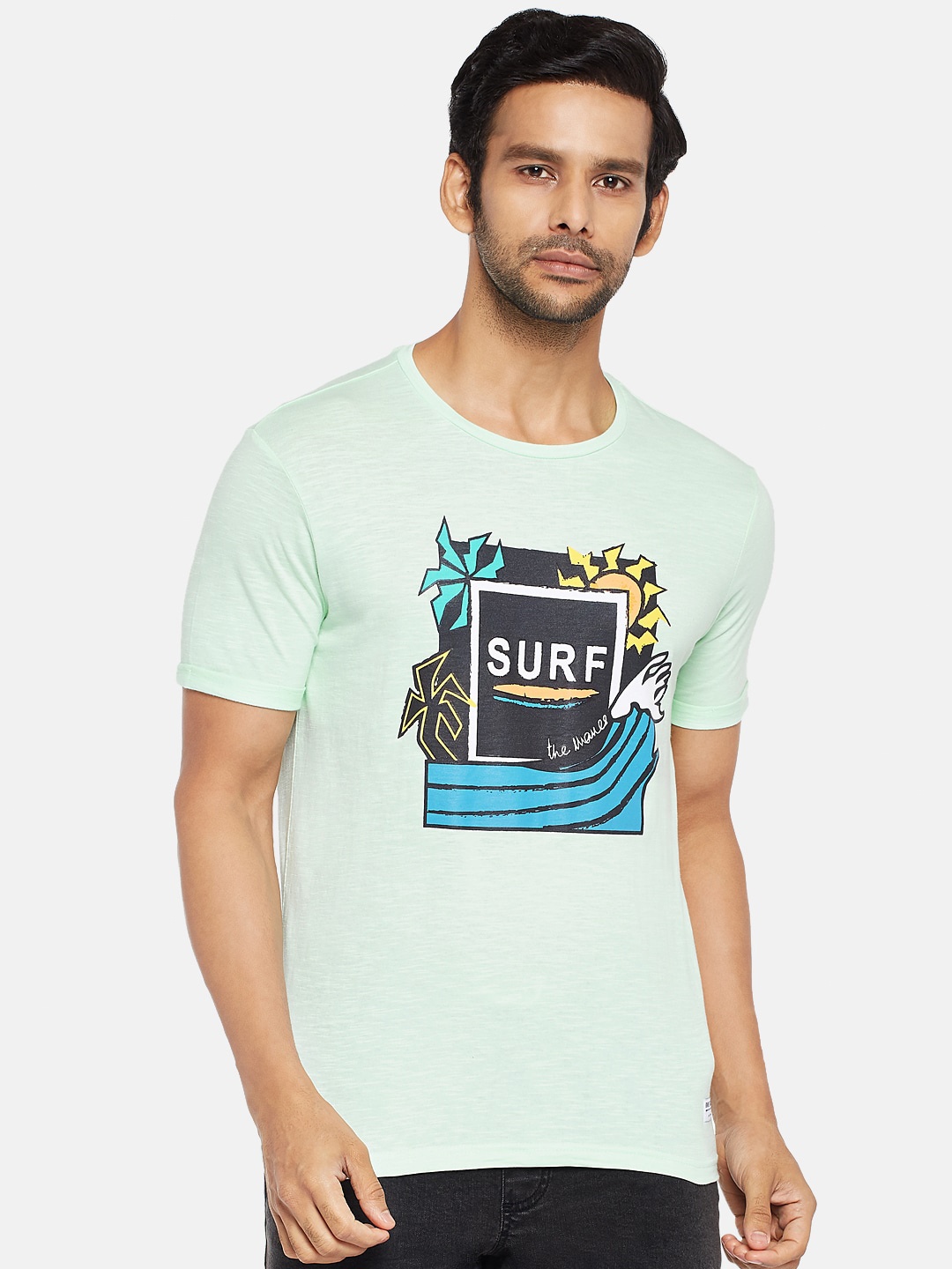 

People Men Turquoise Blue White Printed Pure Cotton T-shirt