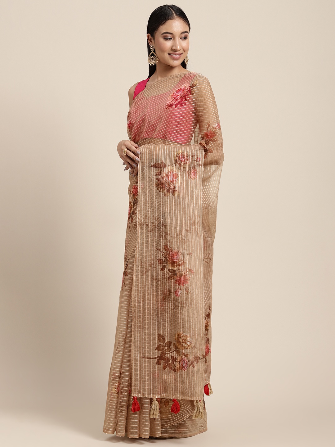 

Neerus Beige Floral Sequinned Organza Saree