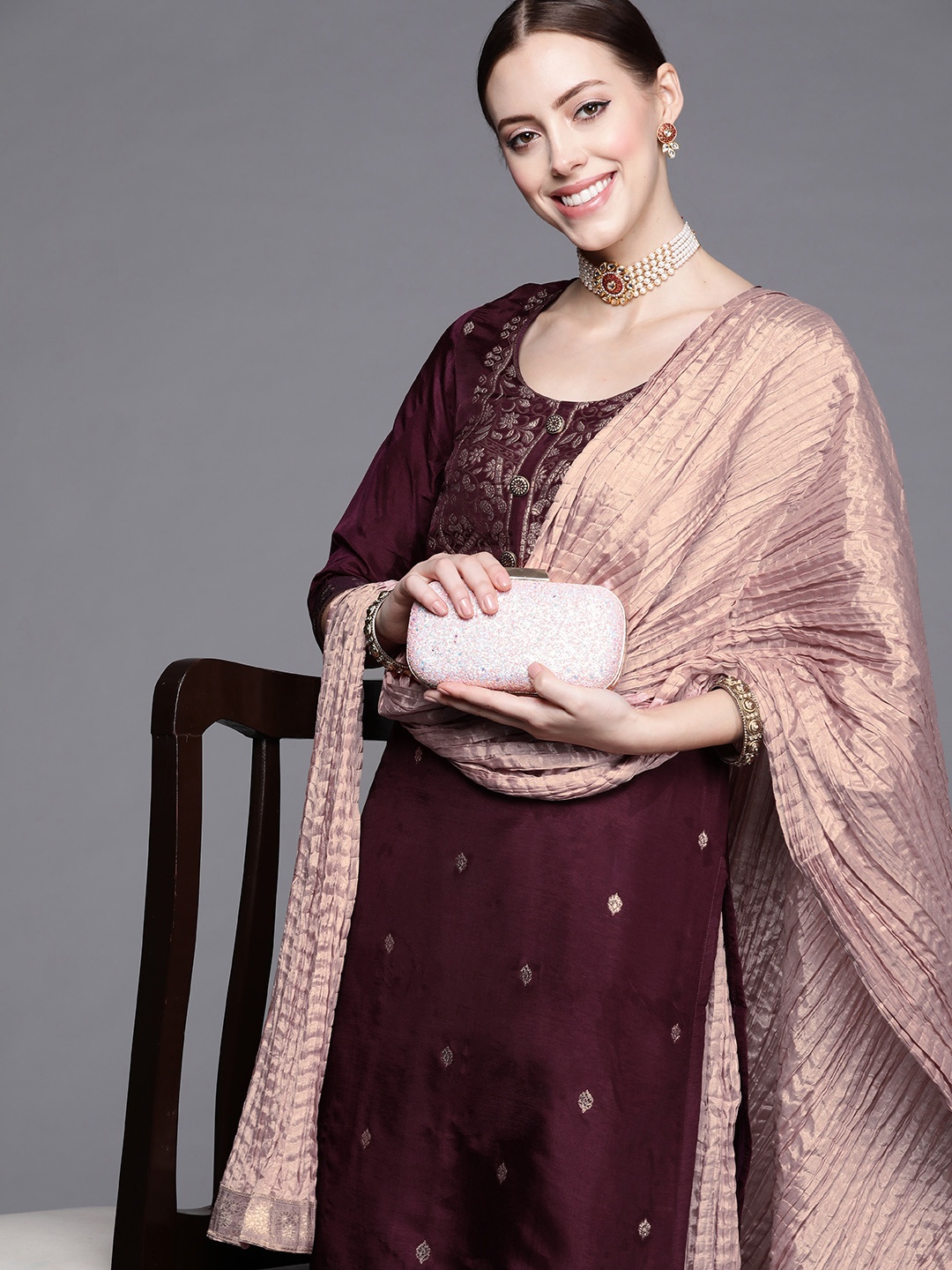 

Indo Era Women Purple & Golden Floral Embroidered Liva Kurta with Skirt & Dupatta