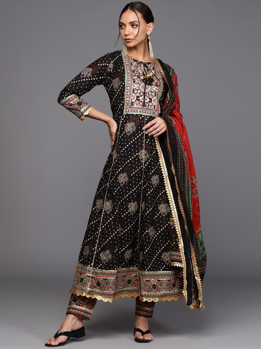 

Indo Era Women Black Bandhani Embroidered Thread Work Kurta with Trousers & With Dupatta