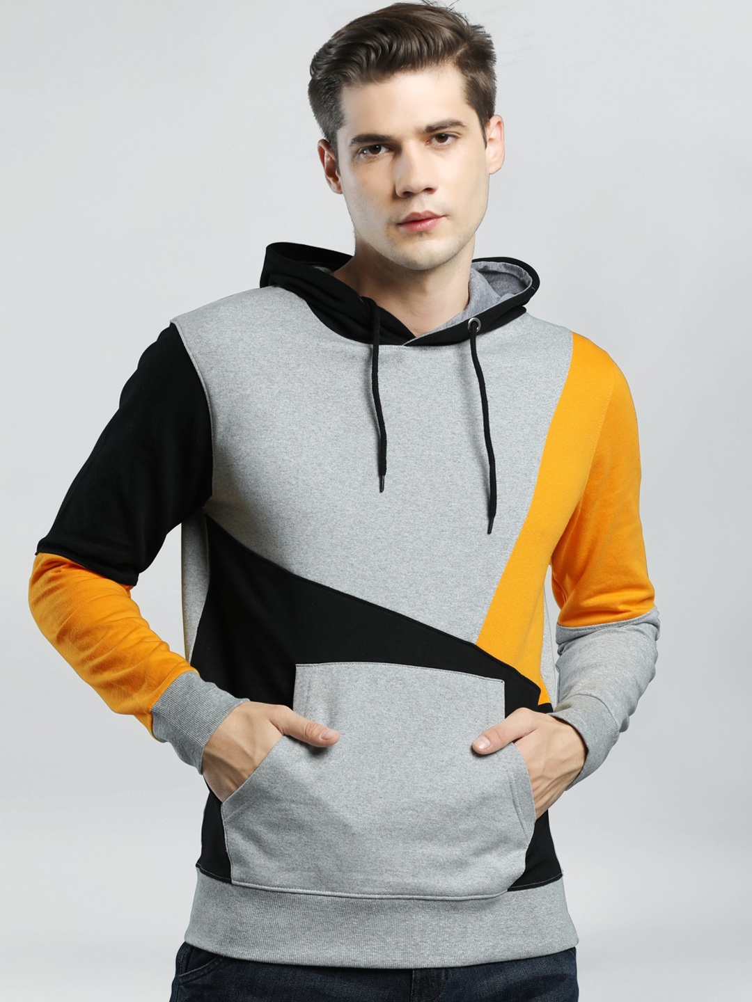 

Maniac Men Grey & Black Colourblocked Pure Cotton Hooded Sweatshirt