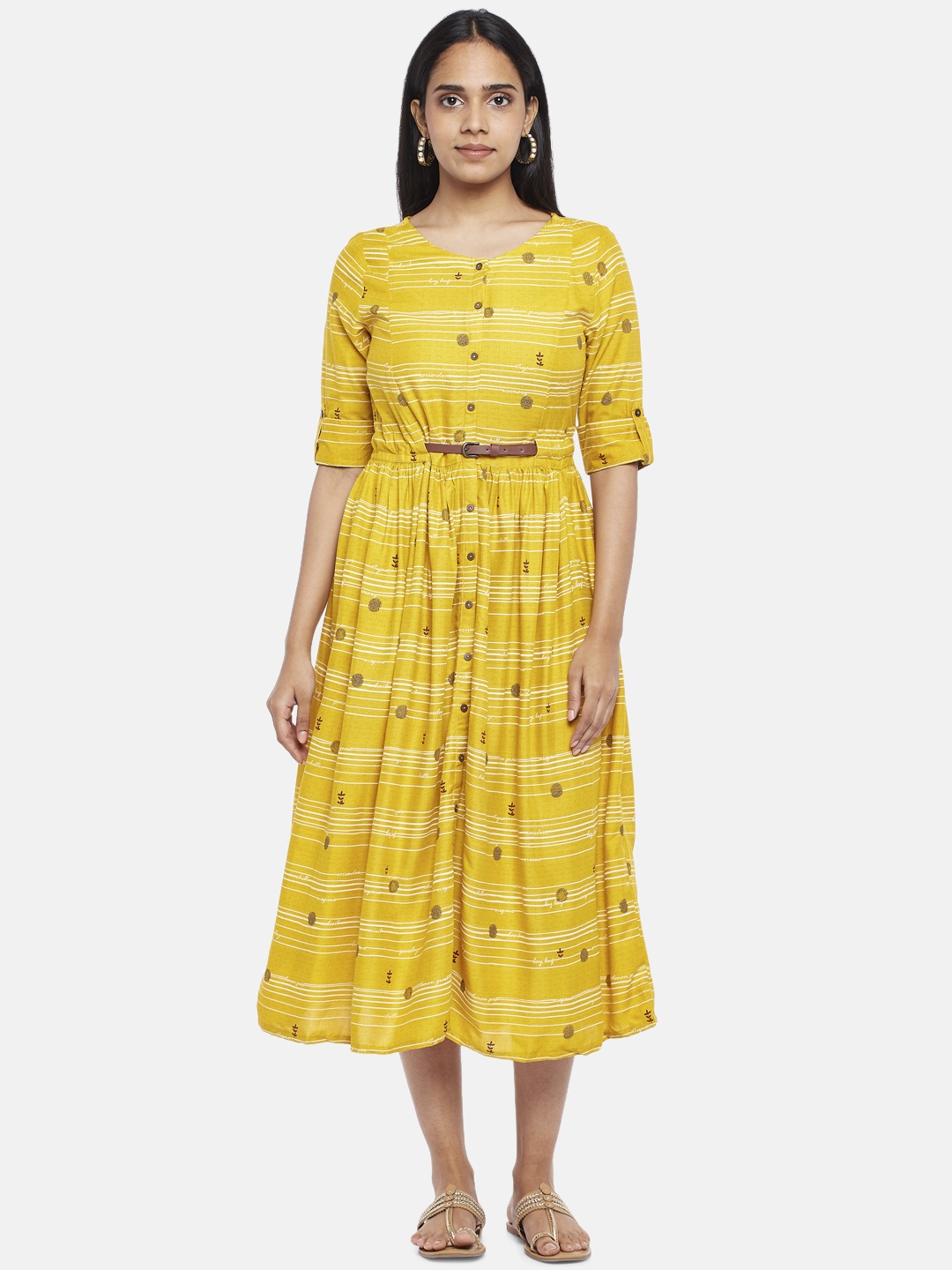 

AKKRITI BY PANTALOONS Striped Belted Roll-Up Sleeves Midi Shirt Dress, Mustard