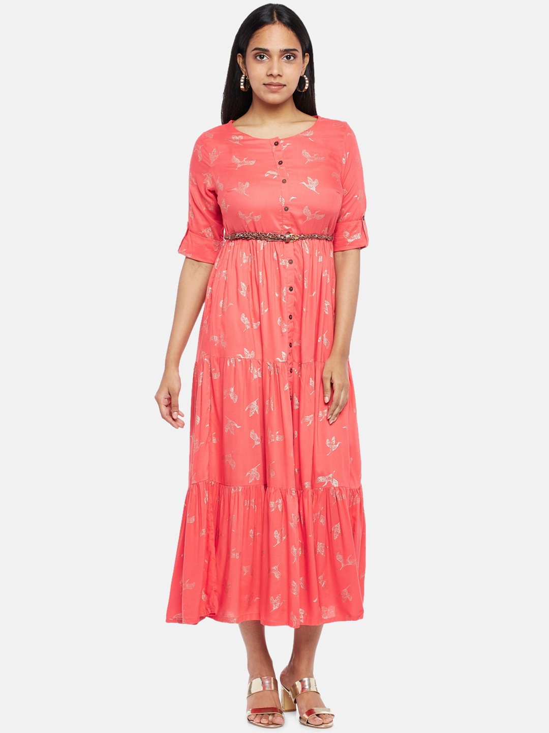 

AKKRITI BY PANTALOONS Printed Coral Fit & Flared Midi Dress With Belt