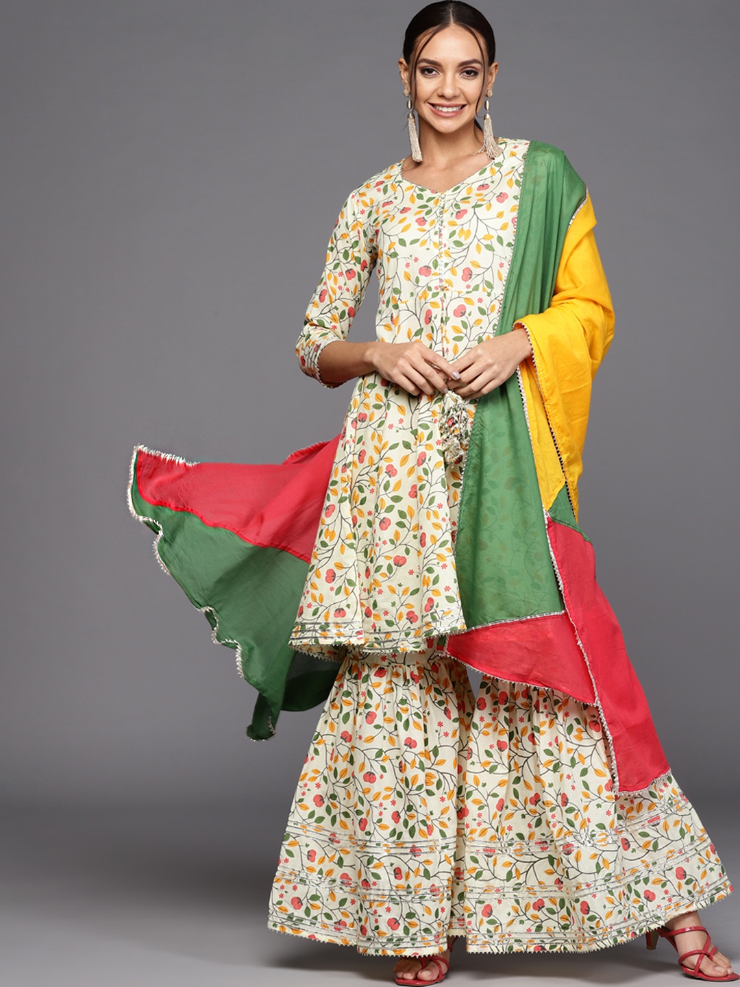 

Indo Era Women White Ethnic Motifs Printed Gotta Patti Kurta with Sharara & With Dupatta