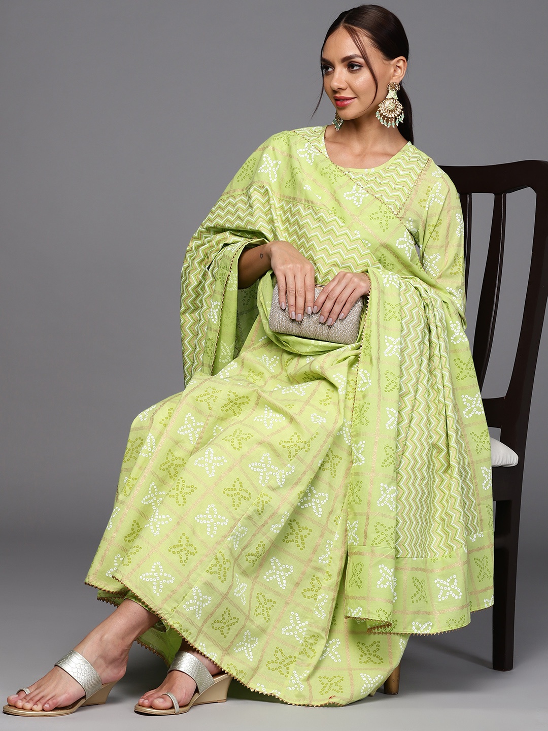 

Indo Era Women Lime Green Ethnic Motifs Printed Beads and Stones Kurta with Trousers & With Dupatta