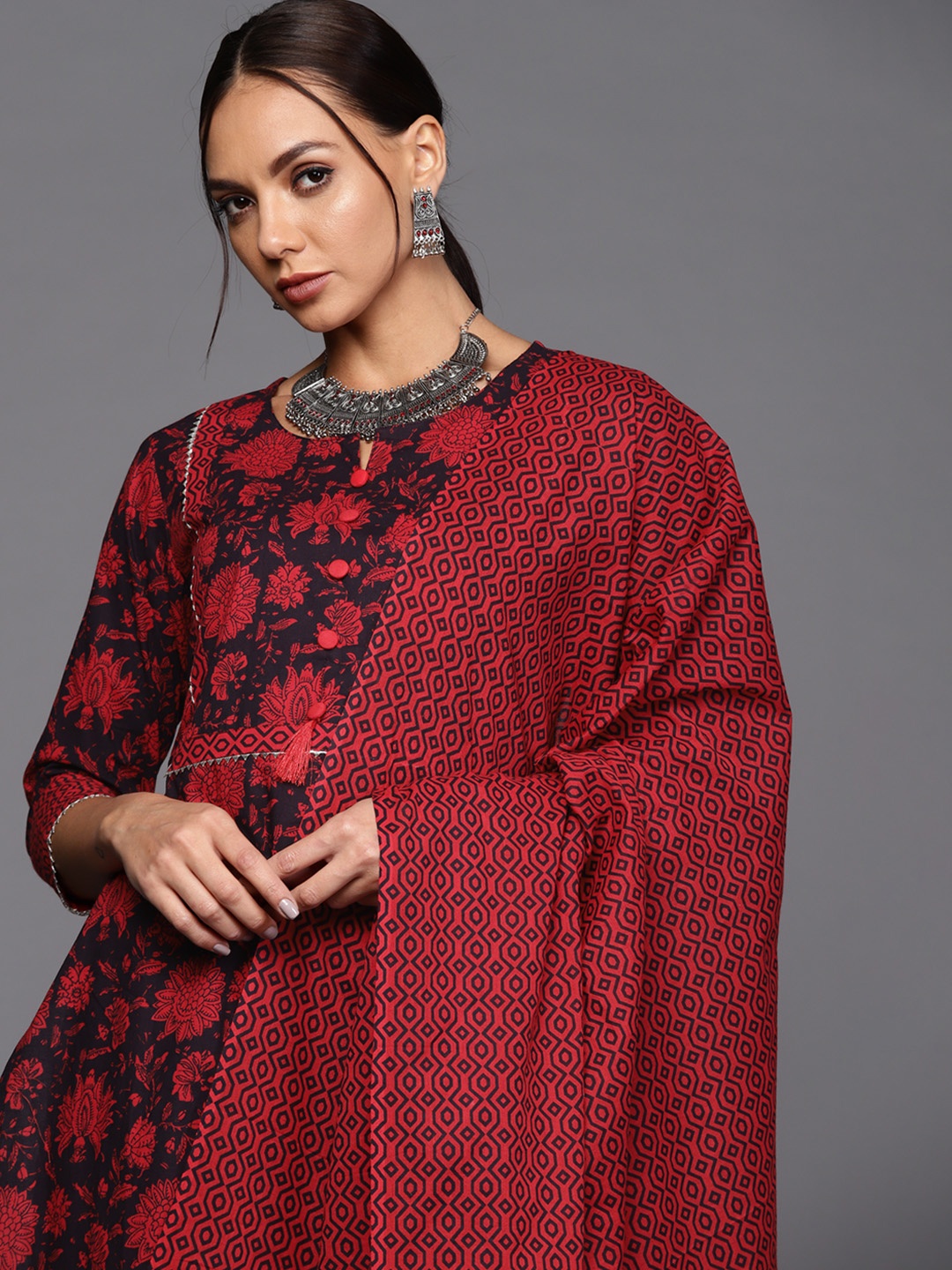 

Indo Era Women Red Ethnic Motifs Printed Kurta with Trousers & With Dupatta