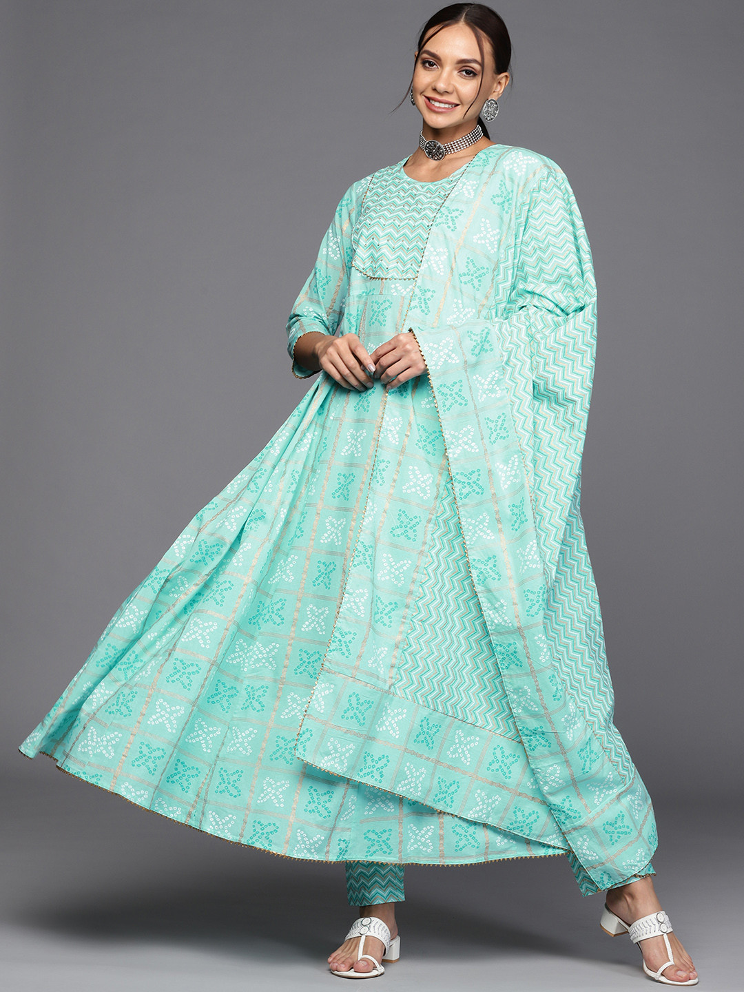 

Indo Era Women Sea Green Ethnic Motifs Printed Beads and Stones Kurta with Trousers & With Dupatta