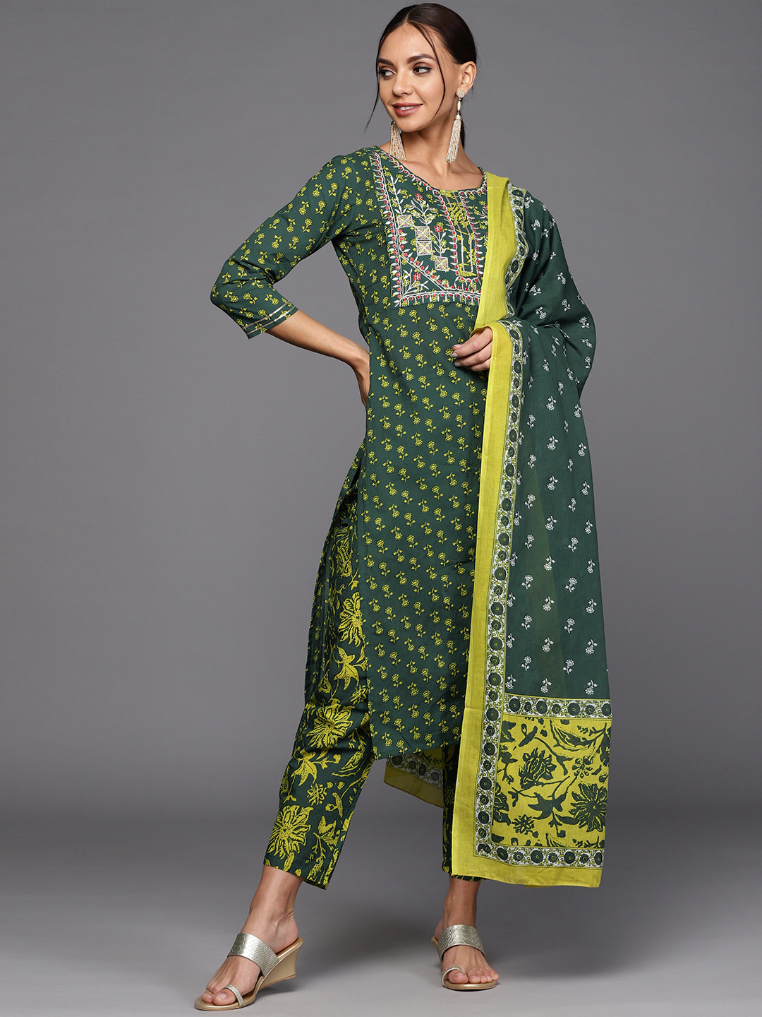 

Indo Era Women Green Ethnic Motifs Printed Thread Work Kurta with Trousers & With Dupatta