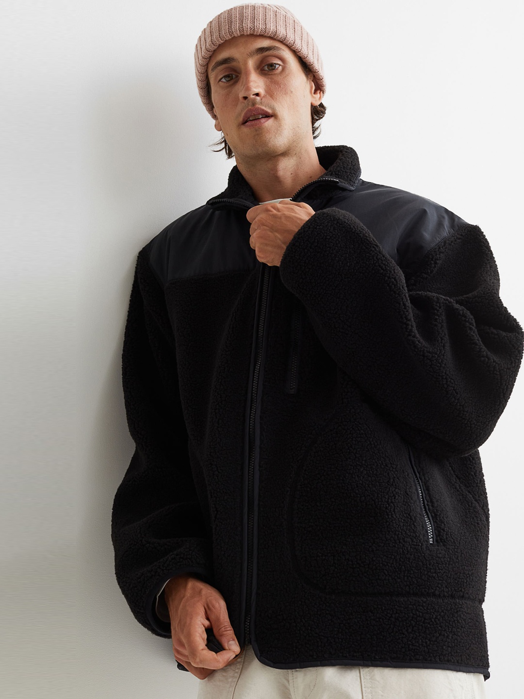 

H&M Men Black Solid Faux Shearling Jacket