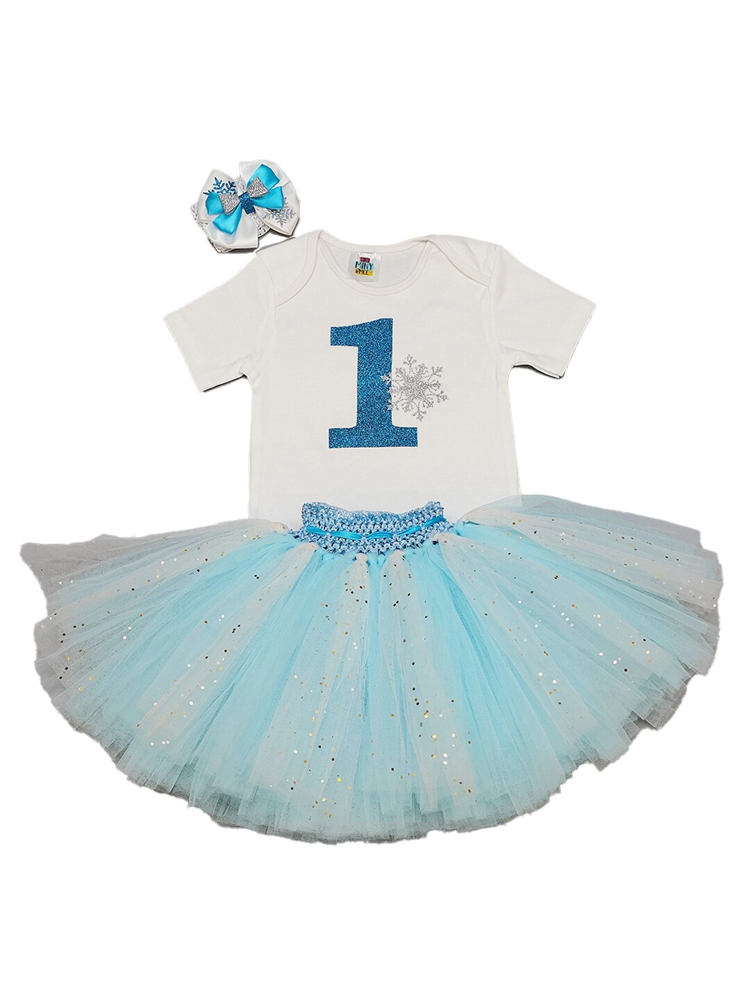 

TINY MINY ME Infant Girls Blue & White Printed Bodyshuit with Skirt & Bow Clip