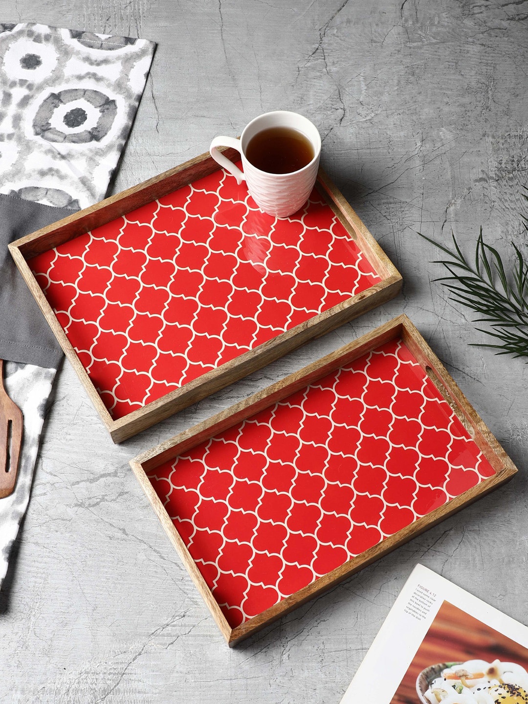 

VarEesha Set Of 2 Red Moroccan Printed Mango Wood Rectangular Serving Tray