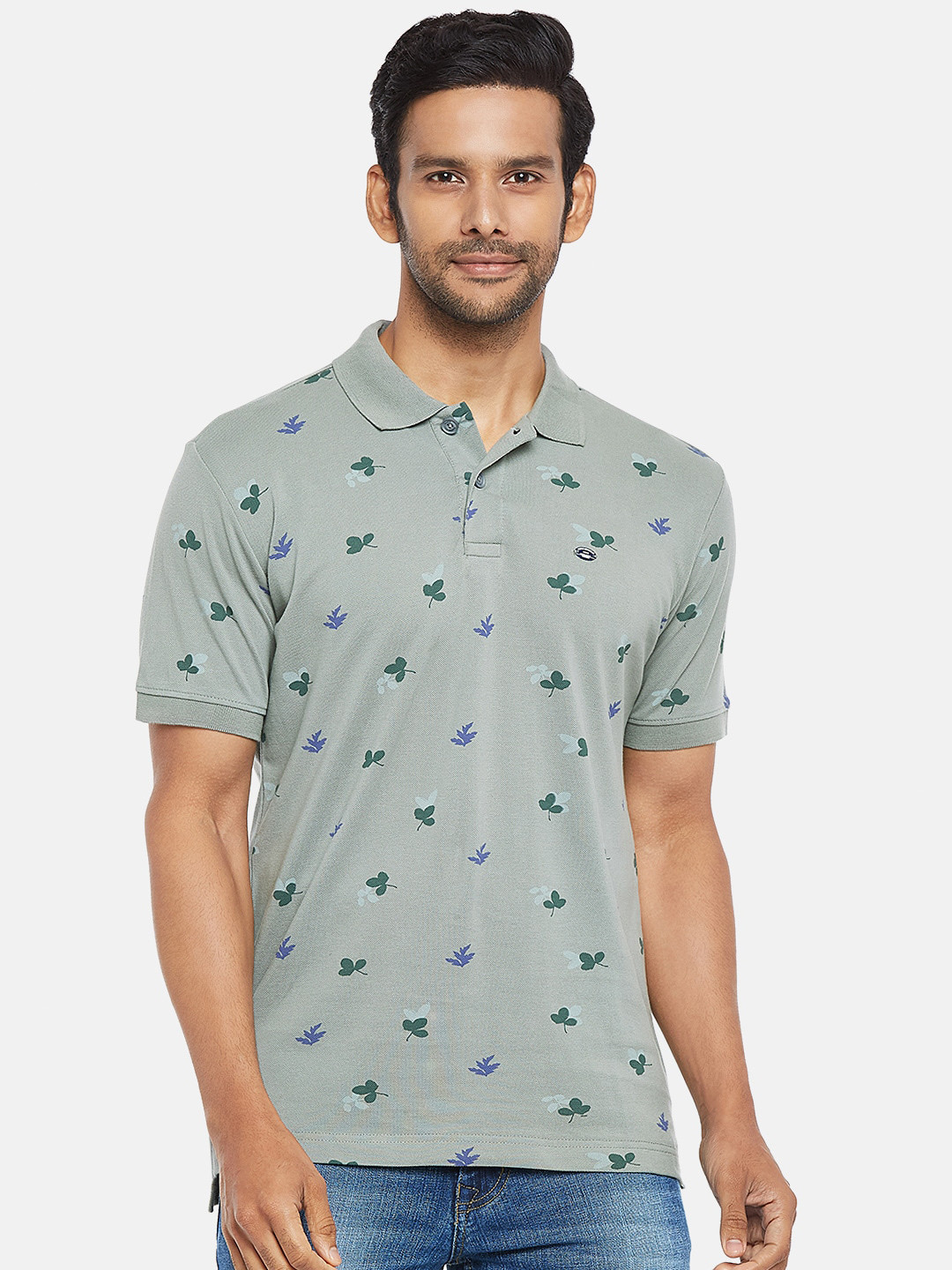

People Men Olive Green Blue Printed Polo Collar Pure Cotton T-shirt