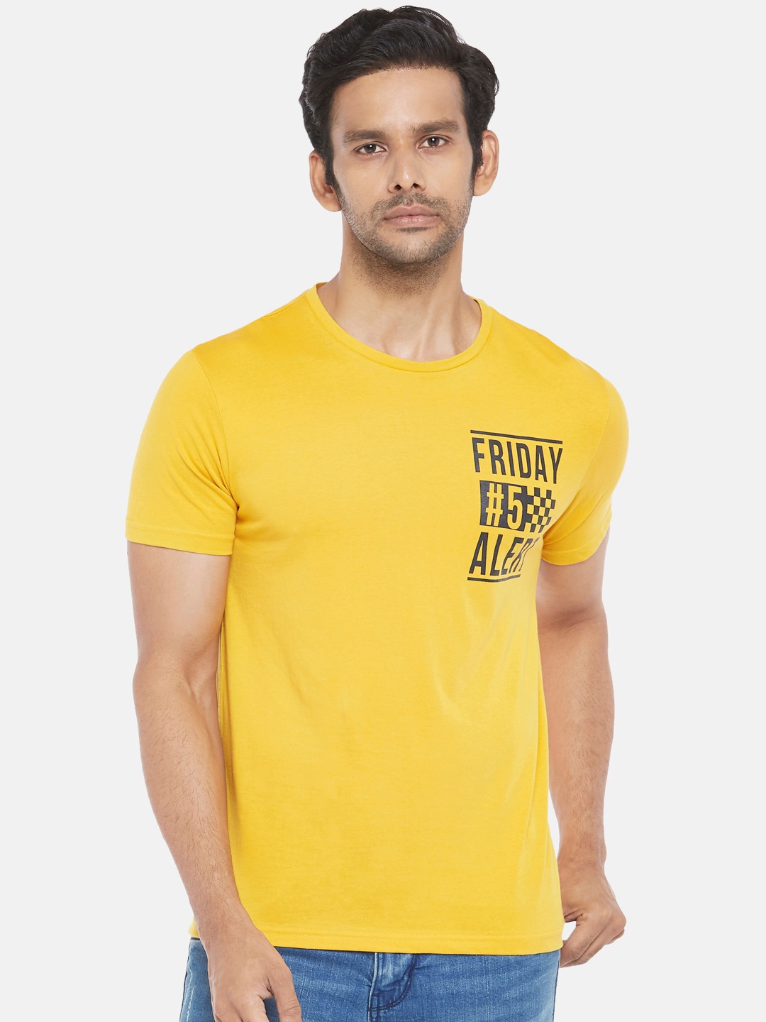 

People Men Mustard Yellow Black Typography Printed Pure Cotton T-shirt