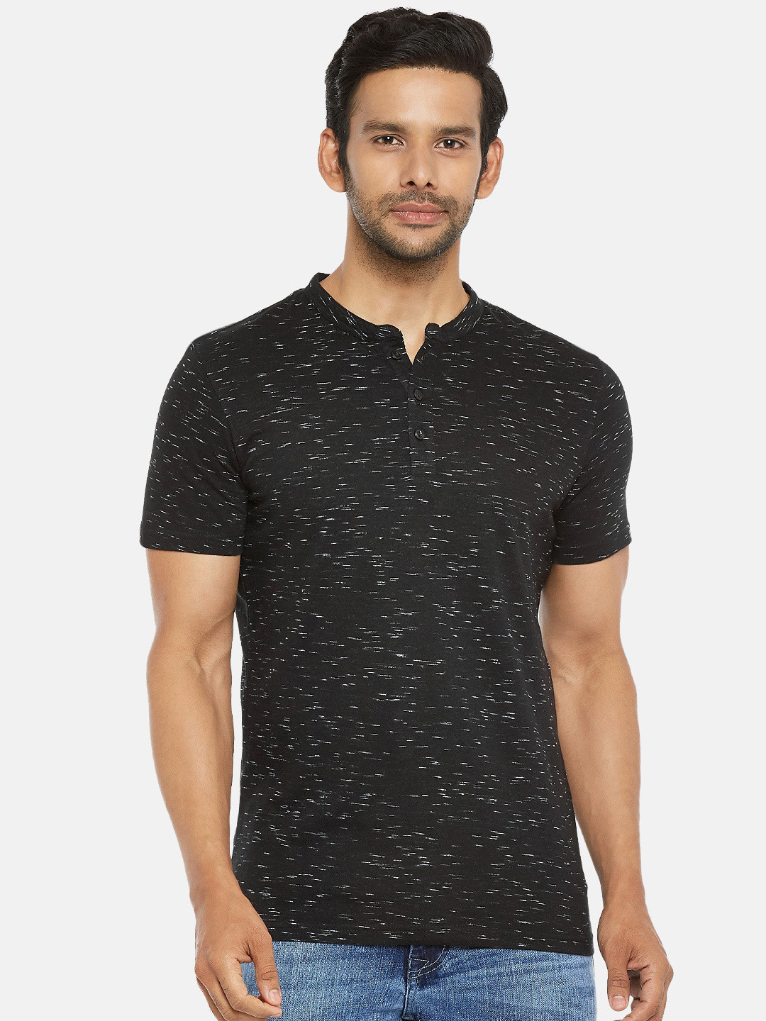 

People Men Grey Melange Henley Neck Pure Cotton T-shirt