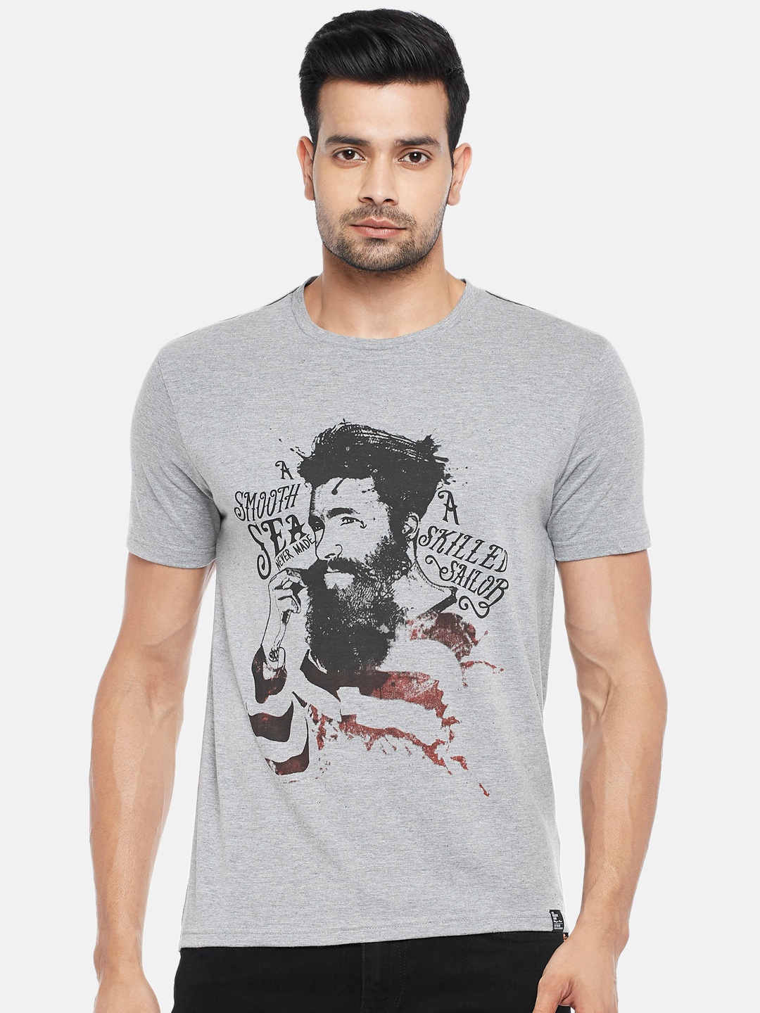 

People Men Grey Melange Black Printed Pure Cotton T-shirt