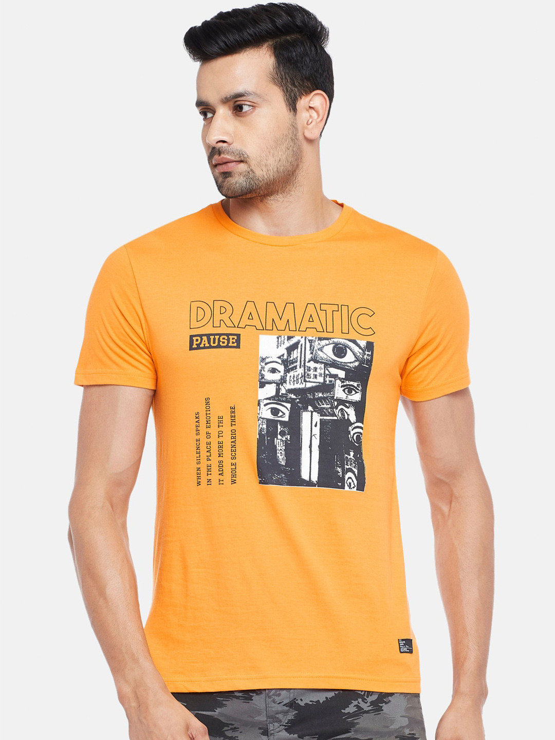 

People Men Orange Black Printed Men Pure Cotton T-shirt