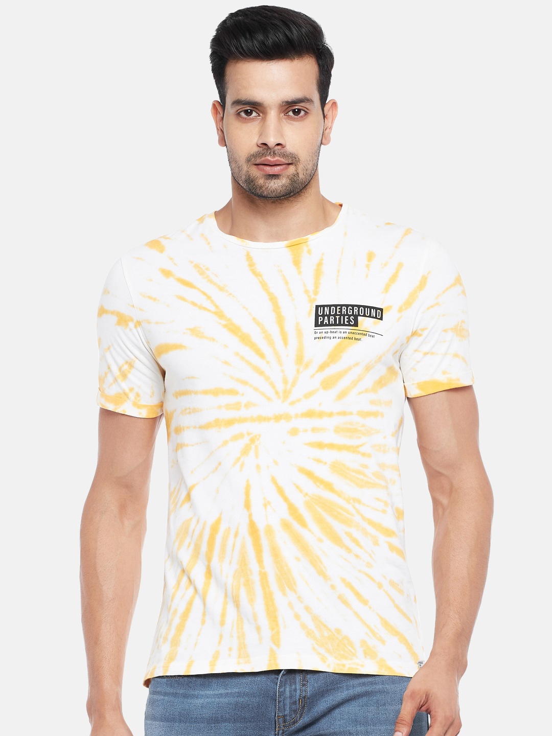 

People Men Yellow Off White Tie and Dye Printed Pure Cotton T-shirt