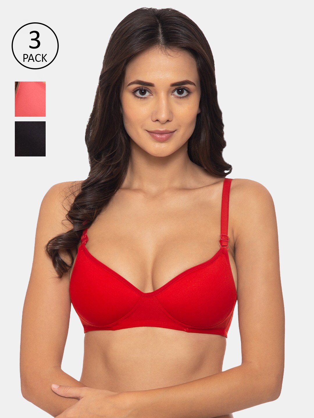 

KOMLI Multi Colored Heavily Padded T-shirt Bra Pack of 3, Red
