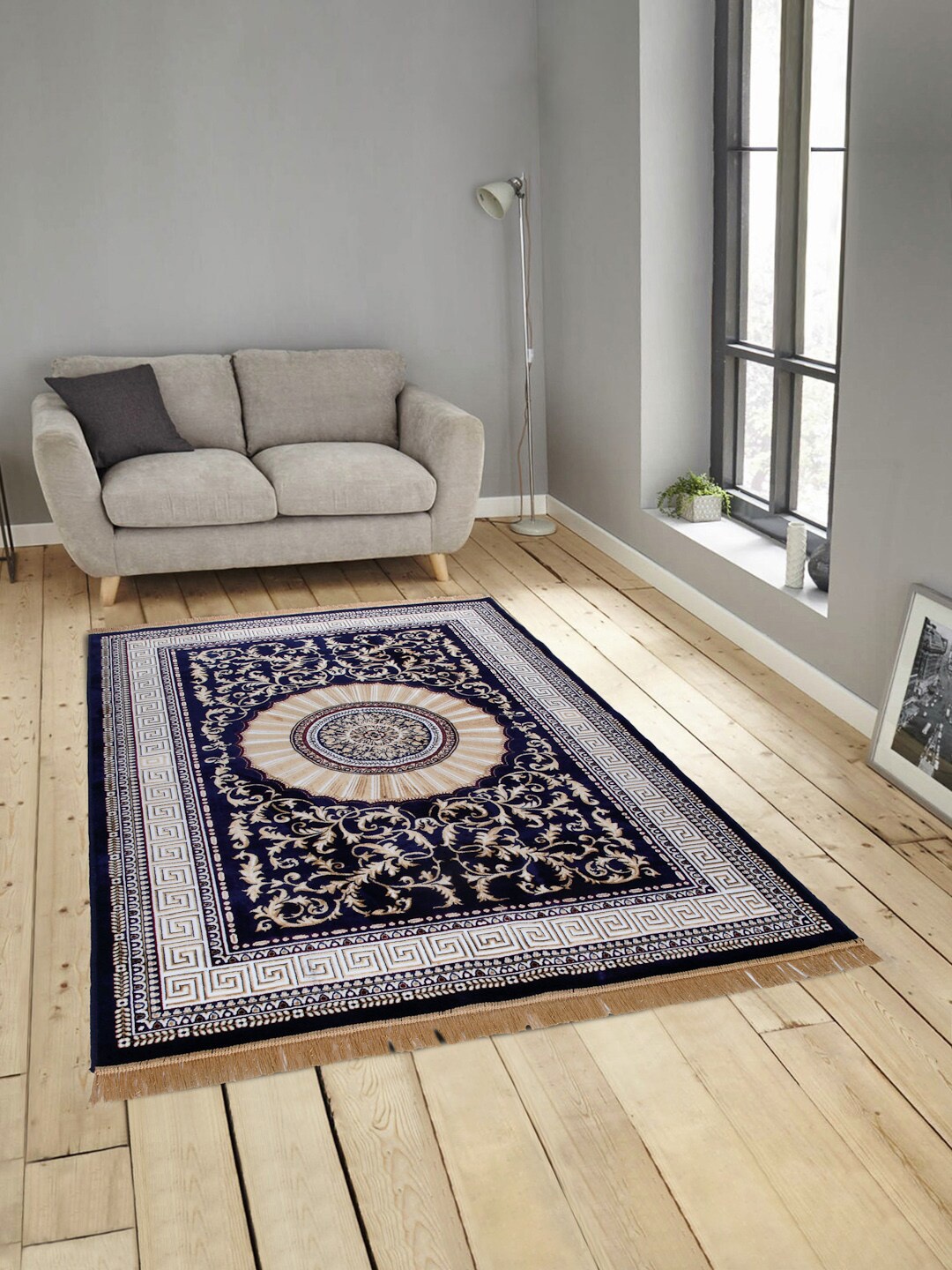 

Arrabi Navy Blue & Grey Ethnic Motifs Printed Water Resistant Carpet