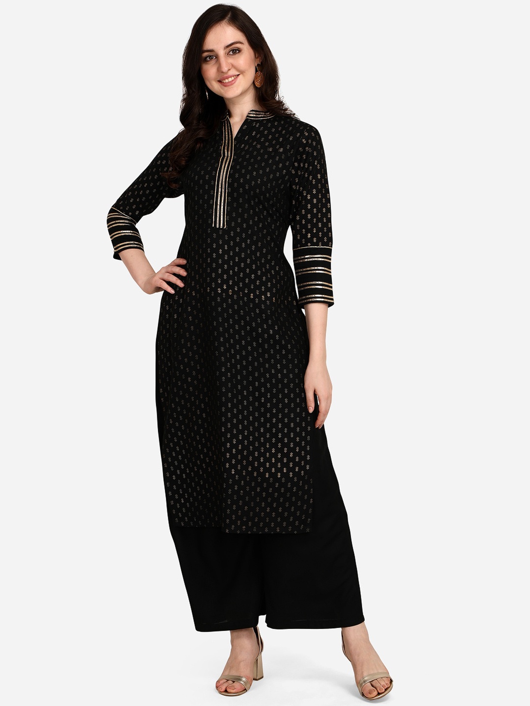 

Florence Women Black Ethnic Motifs Foil Printed Regular Kurta with Palazzos