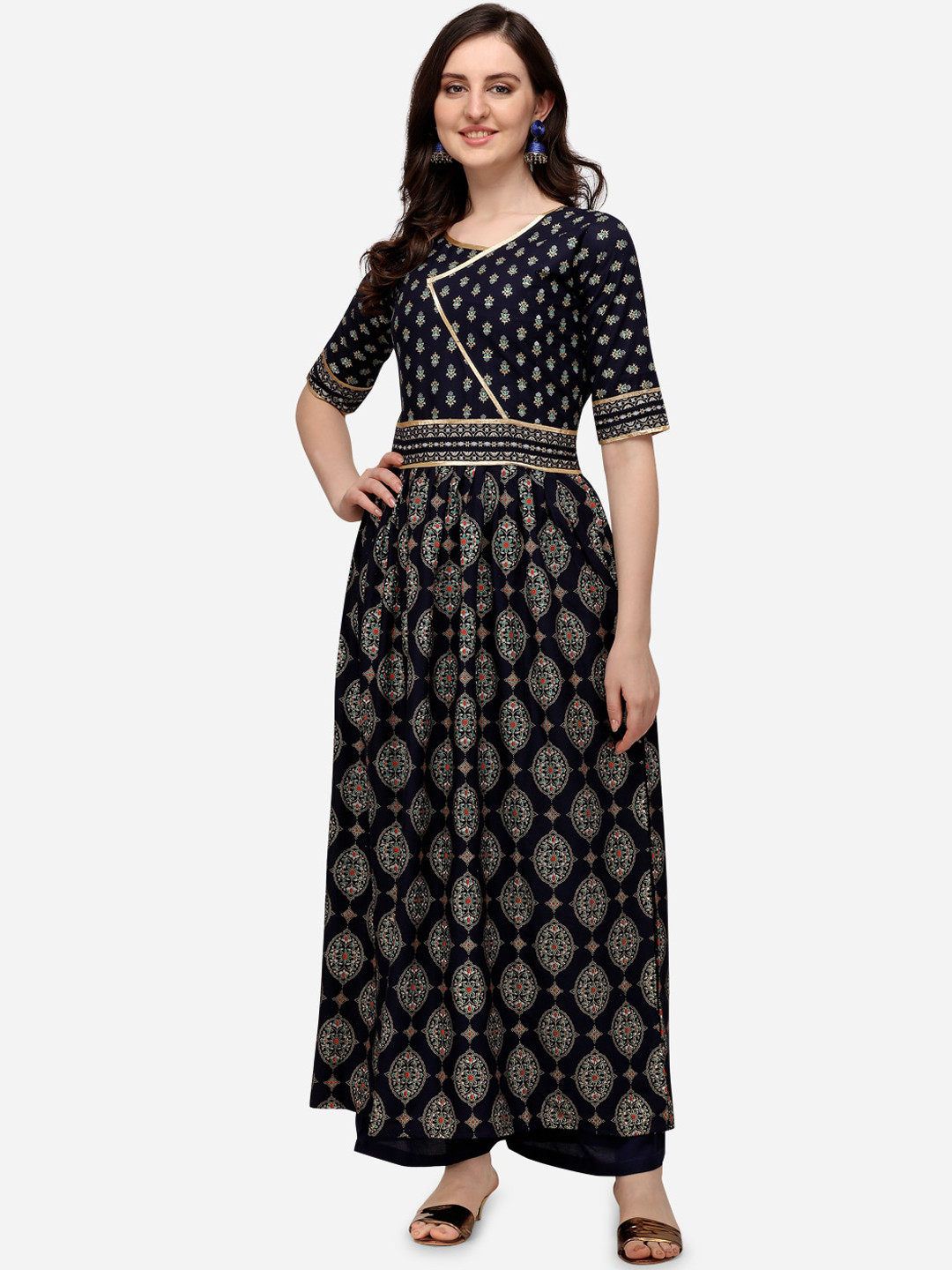 

Florence Women Navy Blue Ethnic Motifs Foil Printed Regular Kurta with Trousers
