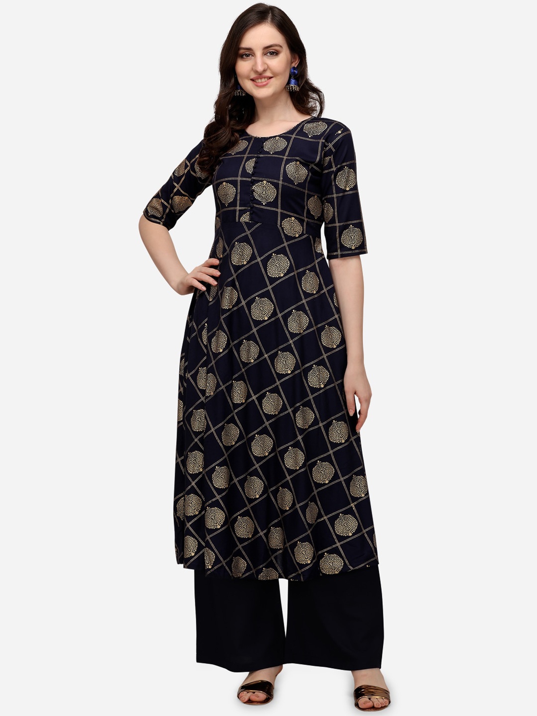 

Florence Women Navy Blue Ethnic Motifs Foil Printed Regular Kurta with Palazzos