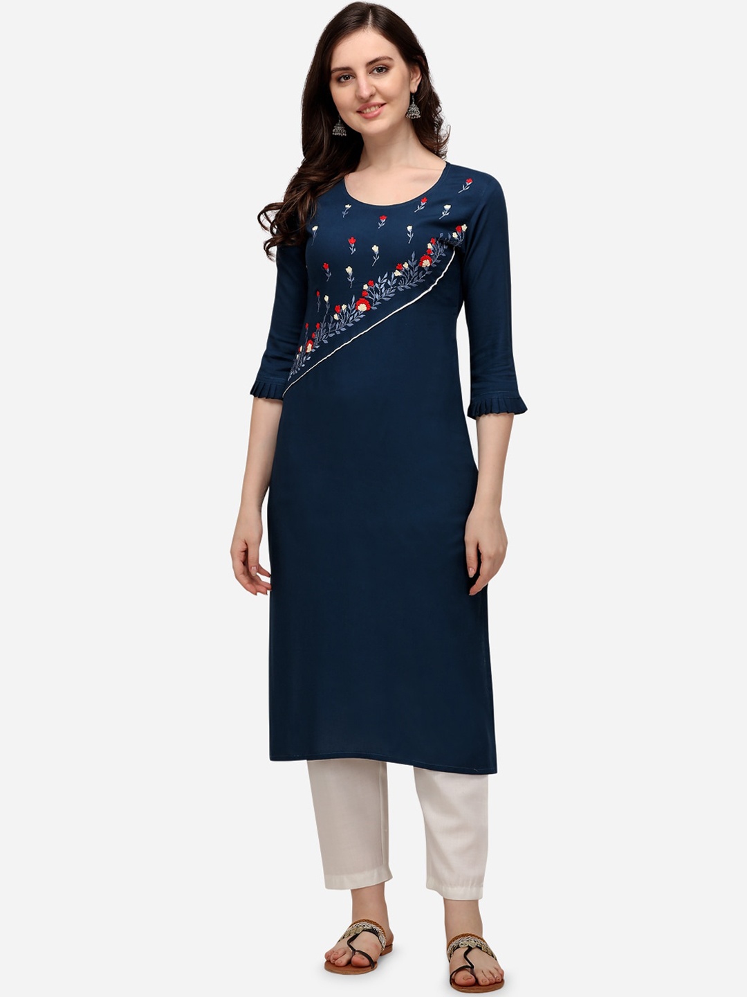 

Florence Women Blue Floral Embroidered Regular Kurta with Trousers