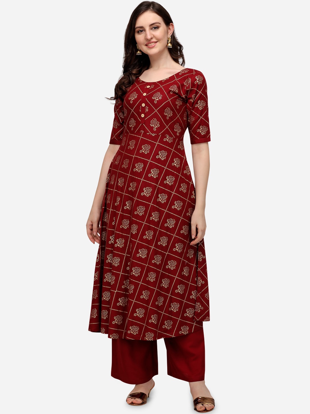 

Florence Women Maroon Floral Foil Printed Regular Kurta with Palazzos