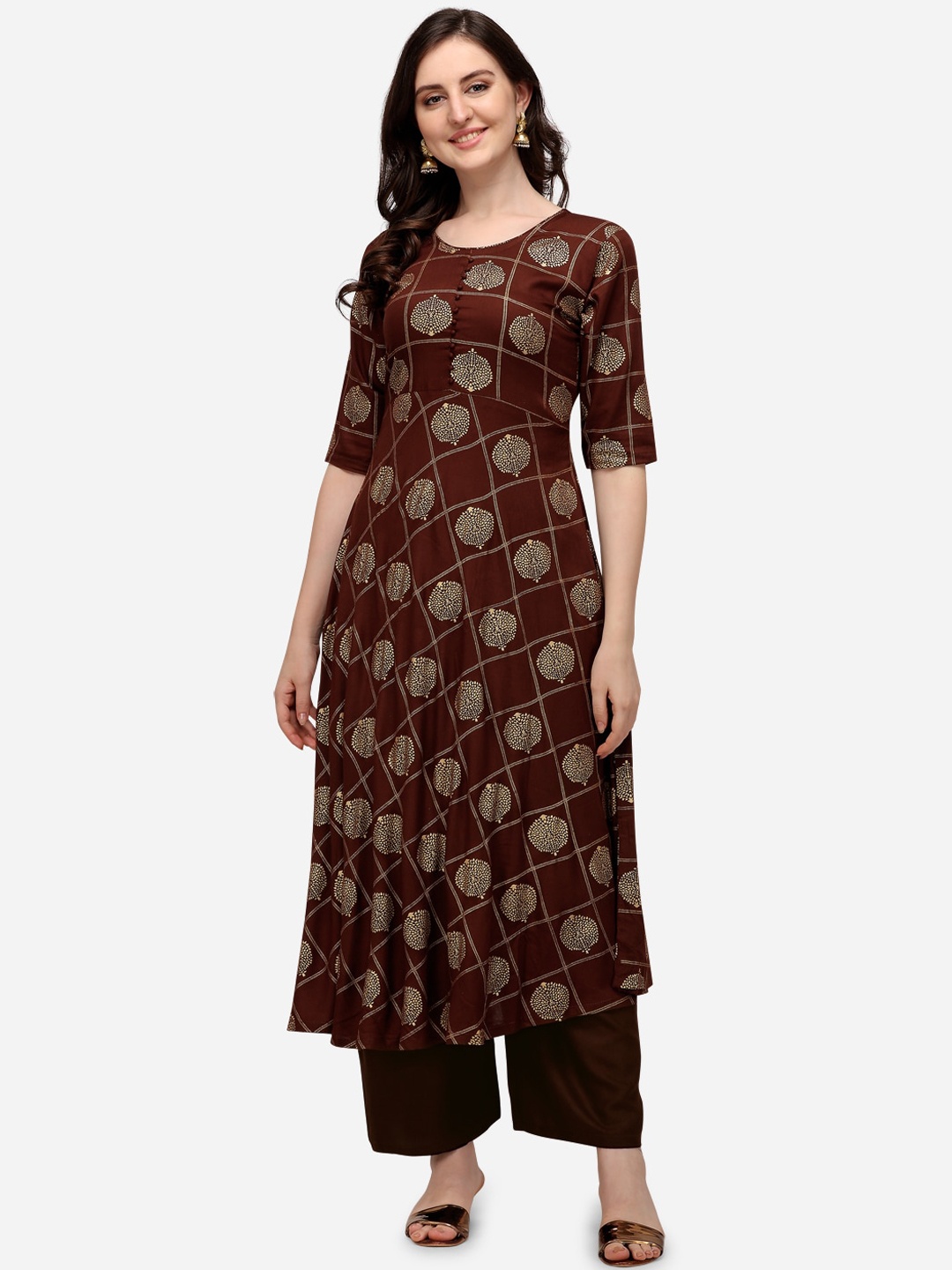

Florence Women Brown Floral Foil Printed Regular Kurta with Palazzos