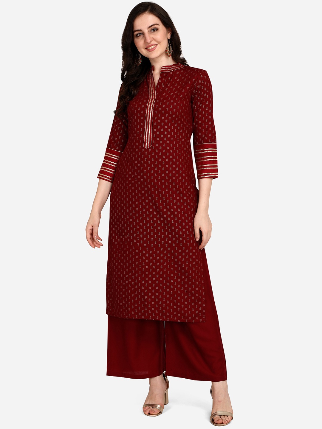 

Florence Women Maroon Ethnic Motifs Foil Printed Regular Kurta with Palazzos