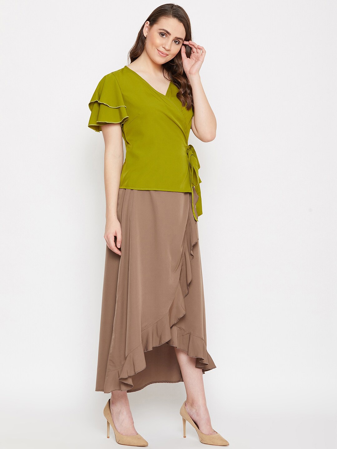 

Bitterlime Women Green & Brown Overlapping Top with Ruffled Skirt