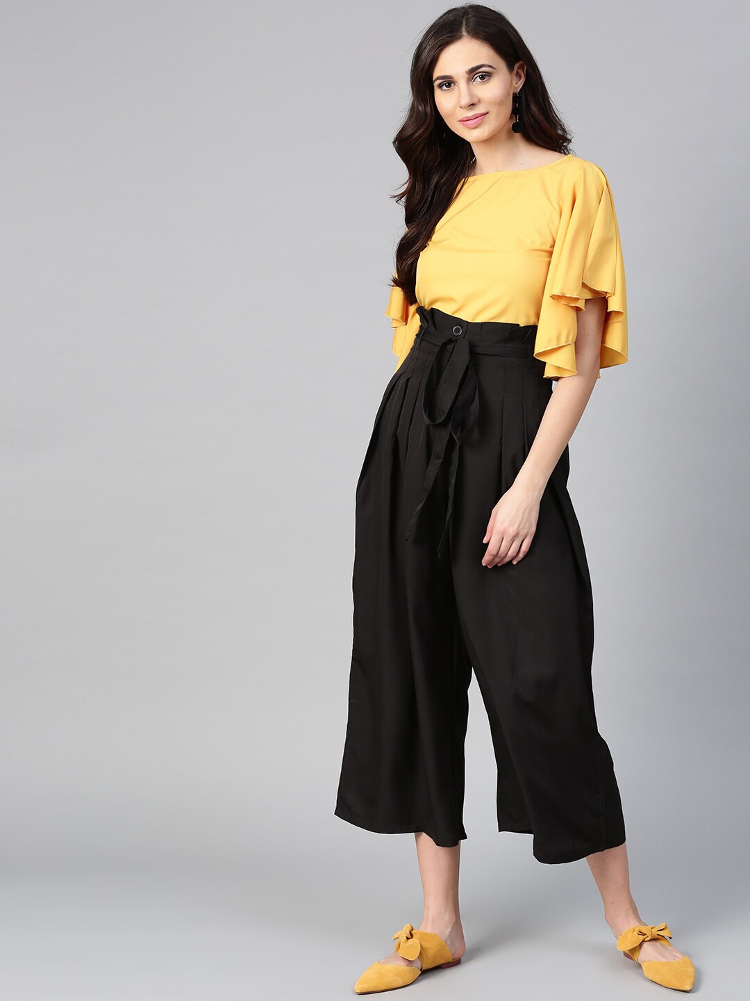 

Bitterlime Women Mustard & Black Ruffled Top with Trousers