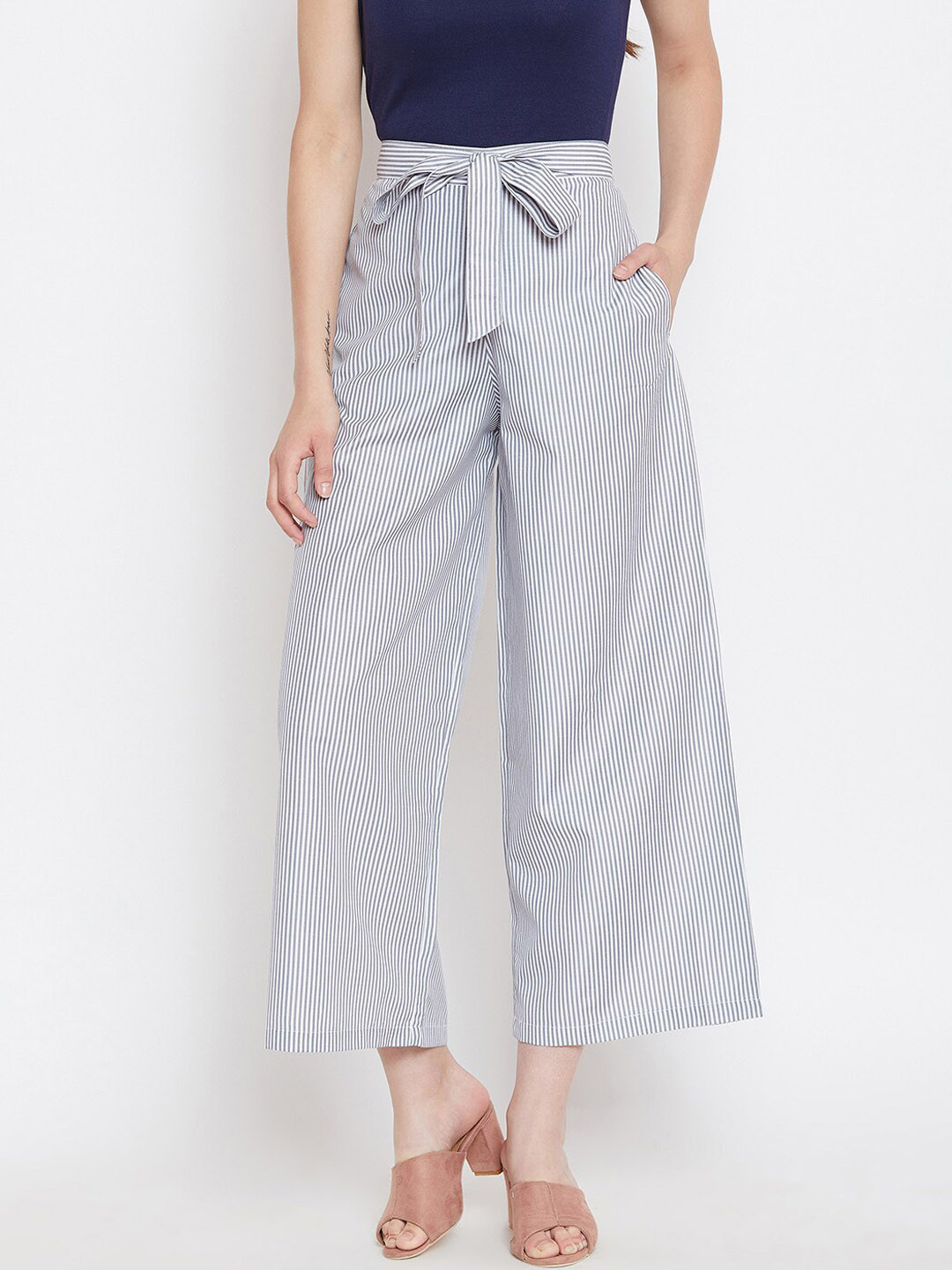 

Bitterlime Women Grey & White Striped Parallel Trousers