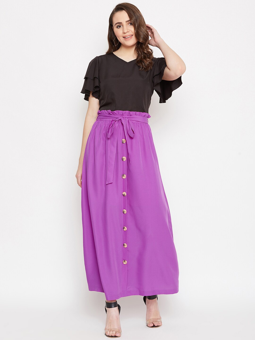 

Bitterlime Women Black & Purple Flutter Sleeves Top with Skirt