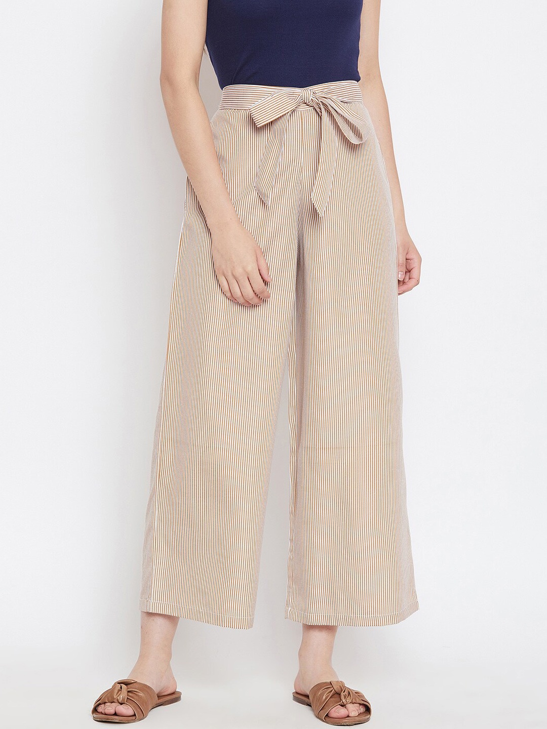 

Bitterlime Women Brown & White Striped Parallel Trousers