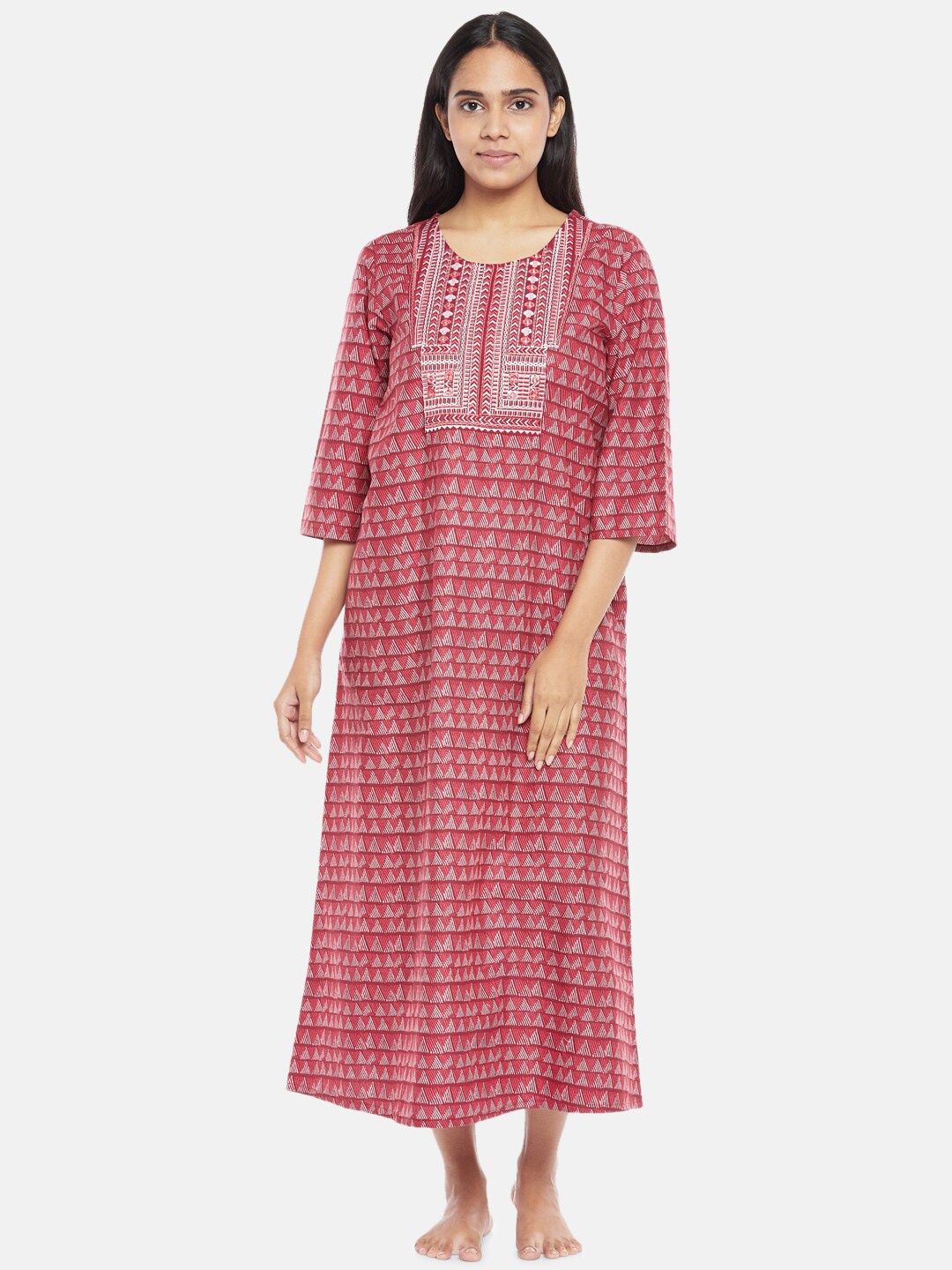 

RANGMANCH BY PANTALOONS Red & White Printed Pure Cotton Nightdress