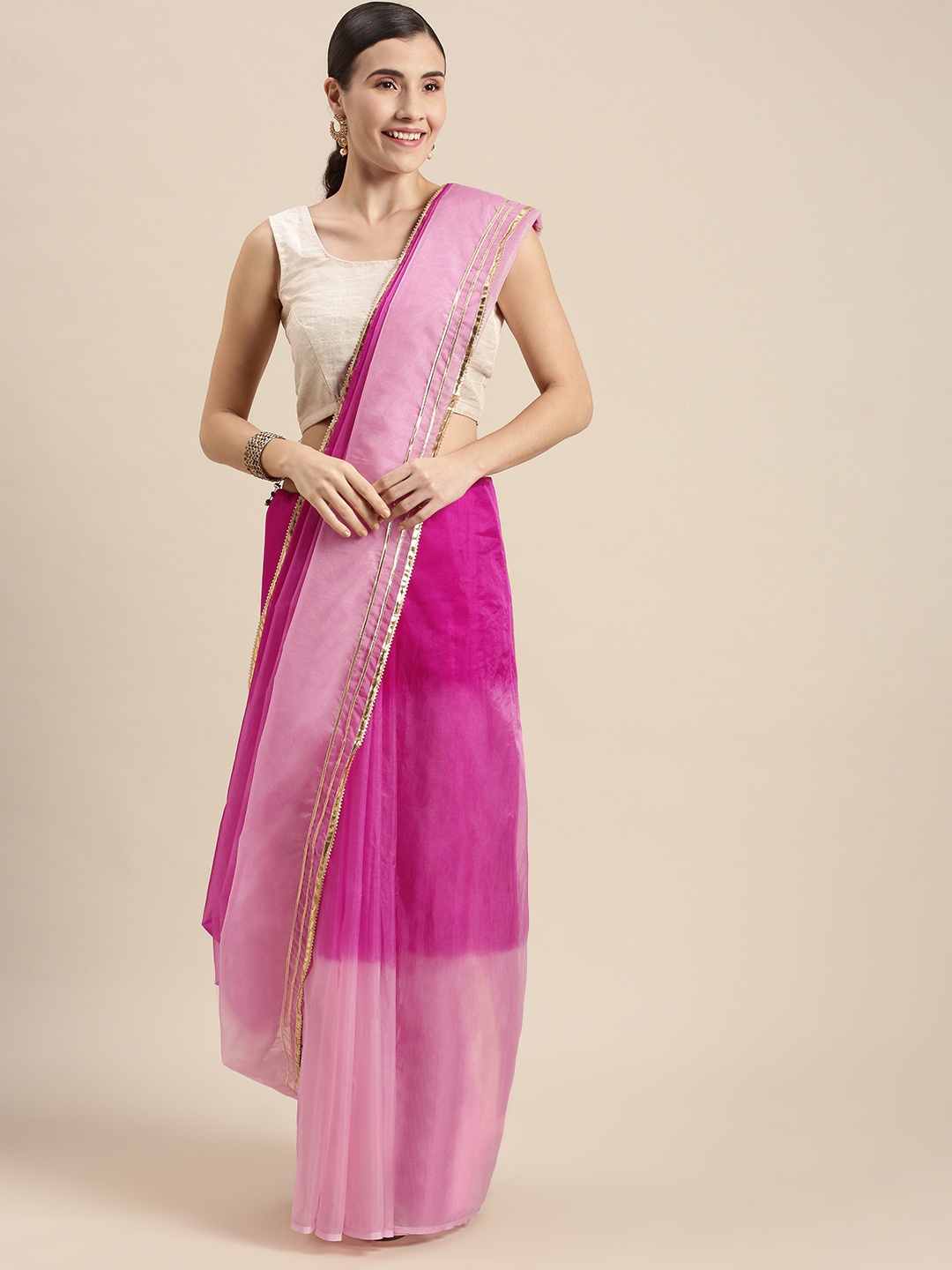 

Geroo Jaipur Pink Dyed Ombre Organza Saree