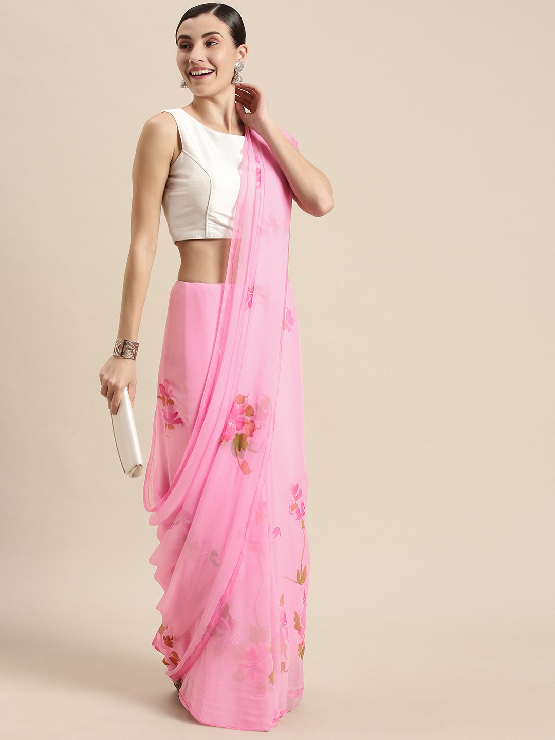 

Geroo Jaipur Pink Floral Hand Painted Saree