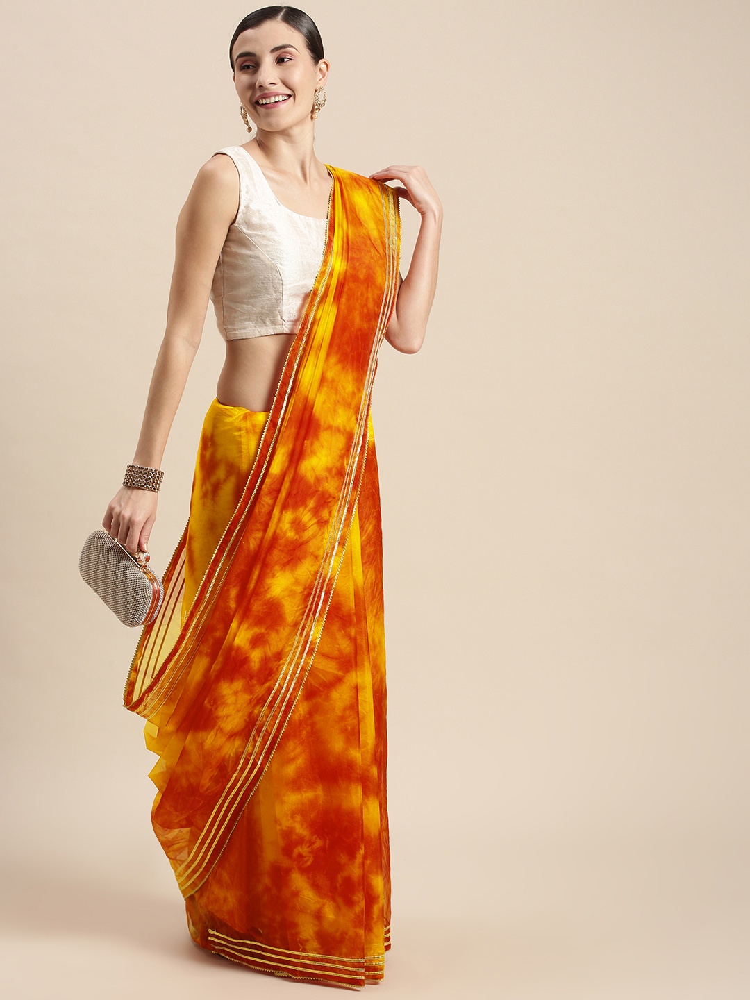 

Geroo Jaipur Yellow & Red Bandhani Organza Saree