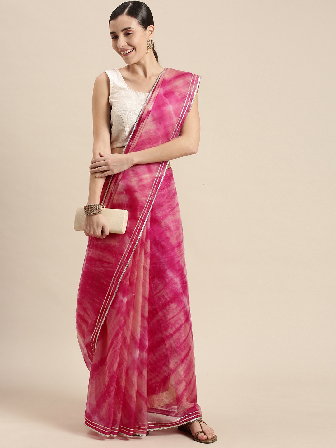 

Geroo Jaipur Pink Dyed Bandhani Organza Saree