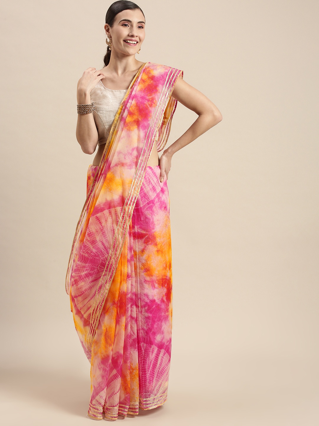 

Geroo Jaipur Pink & Orange Bandhani Shibori Organza Saree