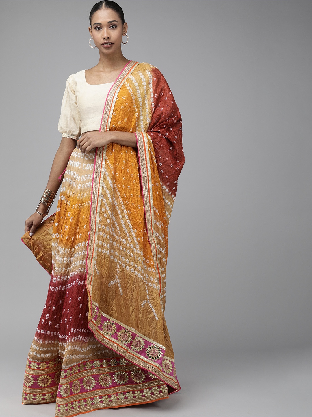

Geroo Jaipur Multicoloured Hand Bandhani Silk Ready Lehenga, Unstitched Blouse & Dupatta, Multi