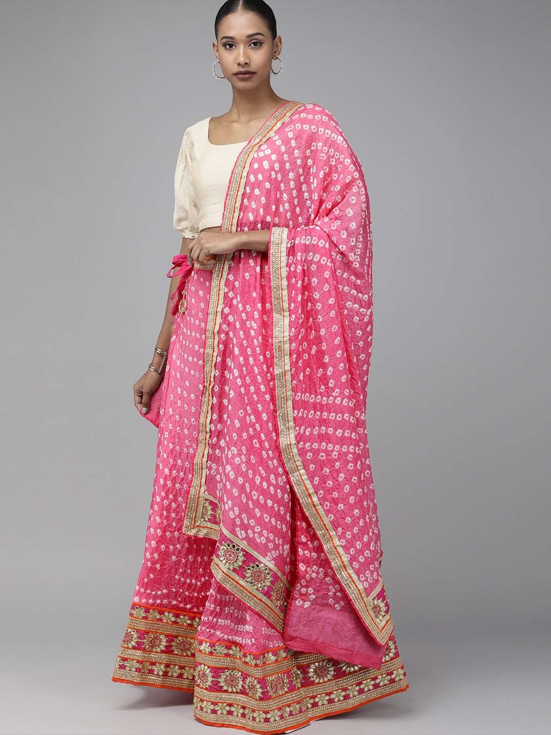 

Geroo Jaipur Pink Hand Bandhani Silk Ready to Wear Lehenga, Unstitched Blouse With Dupatta