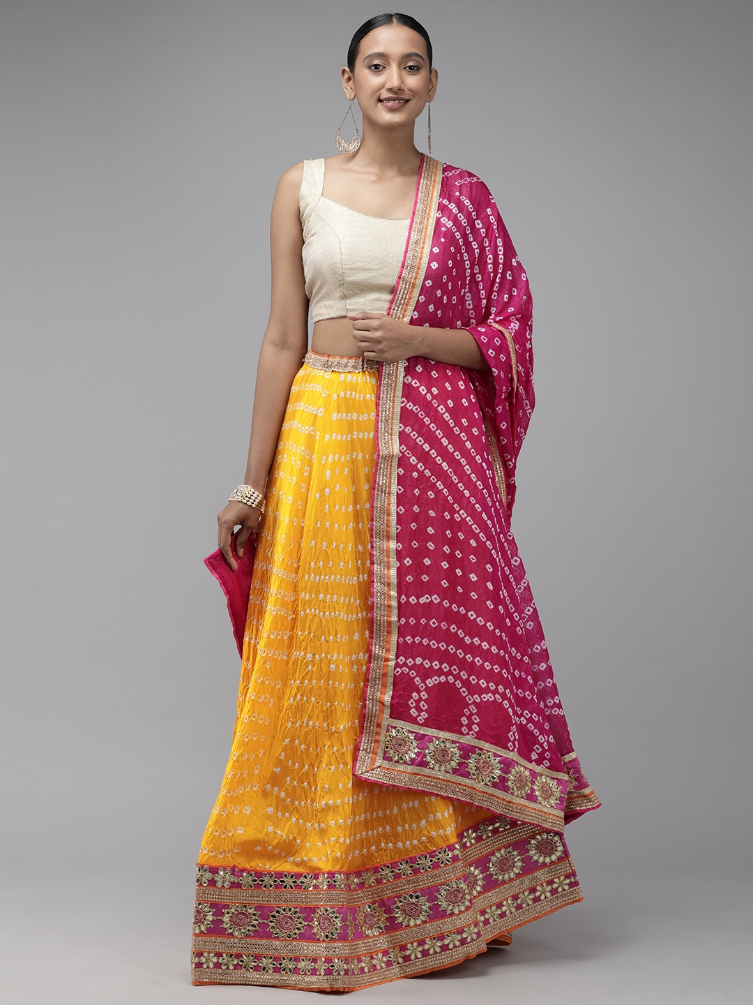 

Geroo Jaipur Yellow & Pink Patchwork Ready to Wear Lehenga & Unstitched Blouse With Dupatta