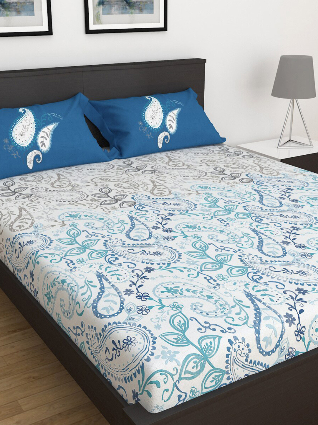

Home Centre 3Pc Magical Indulgence White And Blue Printed Super King Bedsheet Set, Off white