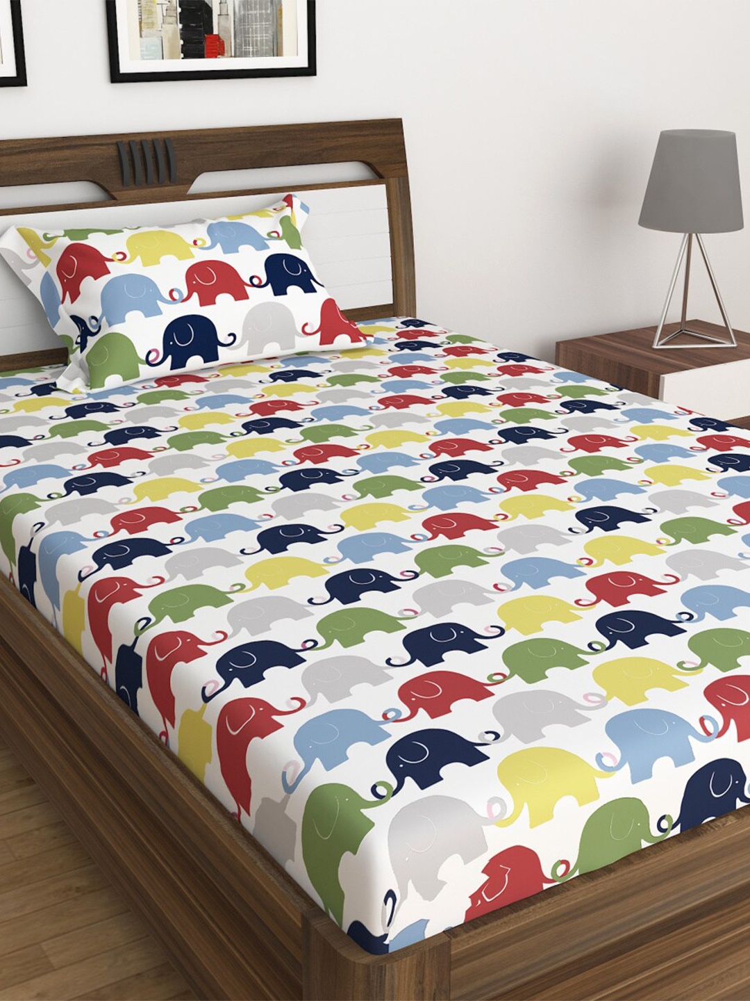 

Home Centre White & Yellow Graphic 150 TC Single Bedsheet with 1 Pillow Covers