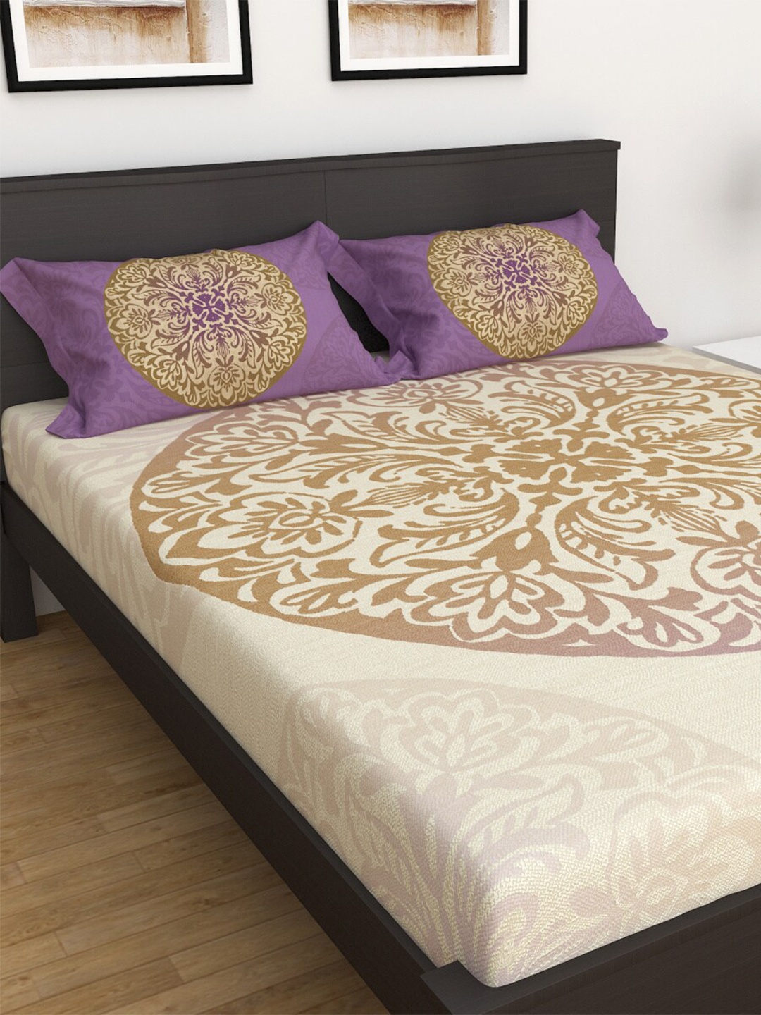

Home Centre Beige & Gold-Toned Ethnic Motifs 300 TC Queen Bedsheet with 2 Pillow Covers