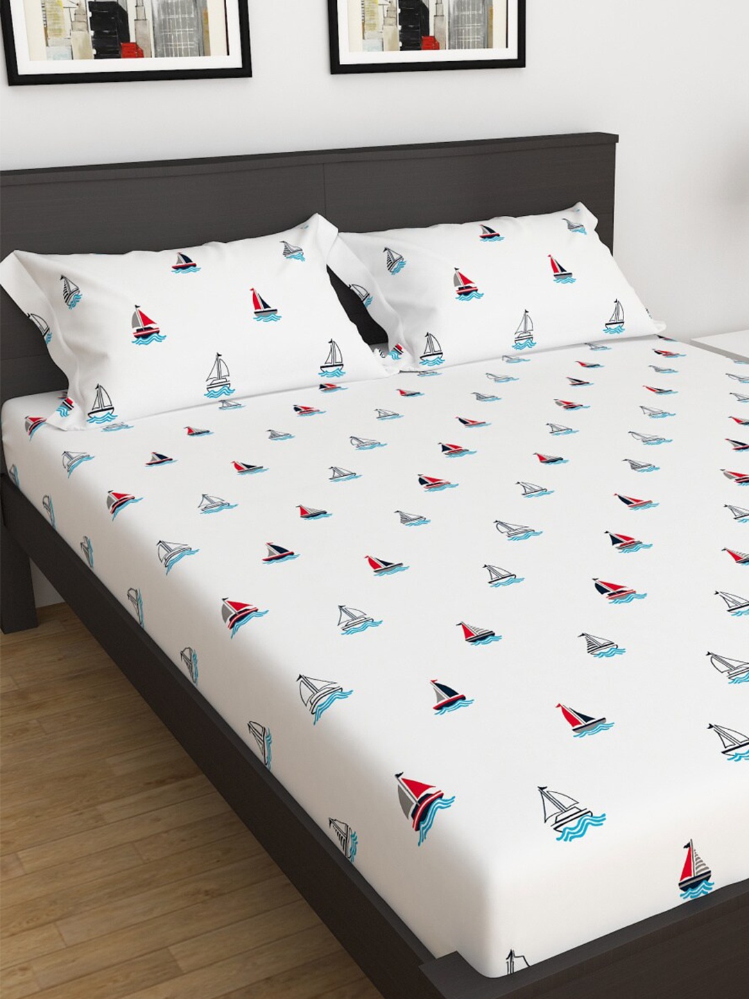 

Home Centre White Slate Boat Printed 3-Piece Cotton 150 TC Flat Sheet Double Bedsheet Set